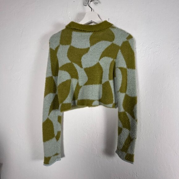 Urban Outfitters Womens Green Wavy Check Cropped Sweater Cardigan Small New $129 - Picture 2 of 8